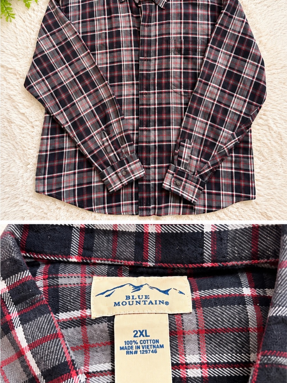 Blue Mountain Men's 2XL Black & Red Plaid Button-Down Shirt